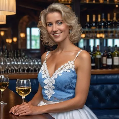 medium shot, portrait, centred, Beautifull woman in awith a glass in her handthe bar with a glass of wine, dressed in ablu top and a white skirt.happy   and holds a glass ,   intricate details, 4k,art