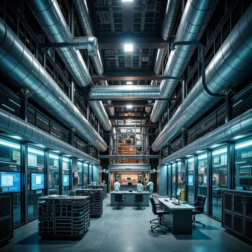 Industrial energy plant, fusion reactor, metallic cladding, stainless steel pipes, polished aluminum surfaces, glossy epoxy paint, neon-lit control rooms, futuristic dashboard displays, sleek glass pa