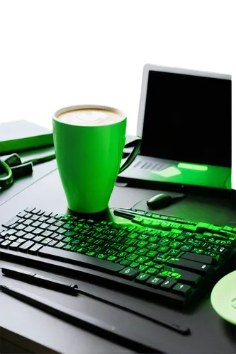 Programming code wallpaper, dark theme, neon green syntax highlighting, messy desk background, scattered papers, empty coffee cups, worn keyboard, tangled cords, subtle glow effect, shallow depth of f