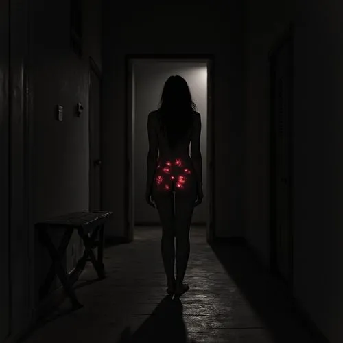 luz,oscura,in the dark,girl walking away,red lantern,woman silhouette,Illustration,Paper based,Paper Based 30