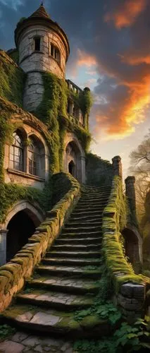 fantasy landscape,fantasy picture,winding steps,castle of the corvin,theed,hobbiton,windows wallpaper,ancient house,nargothrond,stone stairway,forteresse,medieval castle,ancient city,fairytale castle,fairy tale castle,fantasy art,ruined castle,castle ruins,labyrinth,ghost castle,Art,Classical Oil Painting,Classical Oil Painting 37