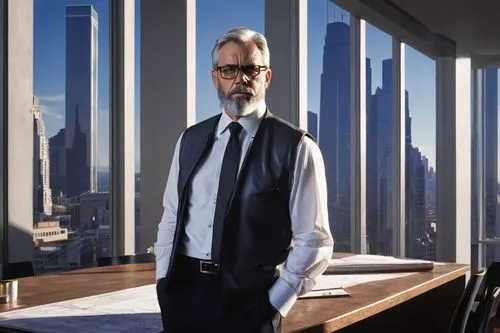 Mature male architect, 40s, bespectacled, short grey hair, beard, formal wear, black suit, white shirt, tie, holding blueprints, standing, studio, modern interior, wooden desk, leather chair, large wi