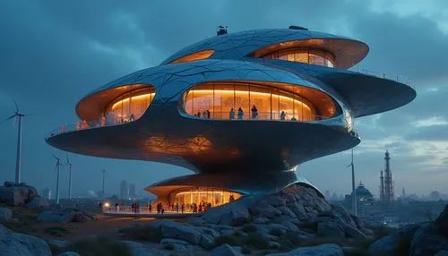 futuristic architecture,futuristic art museum,house of the sea,futuristic landscape,cubic house,jetsons,dunes house,alien ship,modern architecture,lair,roof domes,electrohome,flying saucer,snohetta,earthship,round hut,dreamhouse,cube house,cube stilt houses,sky space concept,Photography,General,Realistic