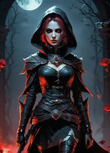 red riding hood,vampire woman,vampire lady,gothic woman,huntress,little red riding hood,evil woman,sorceress,halloween background,blood moon,undead warlock,dodge warlock,female warrior,dark elf,darth talon,red hood,goth woman,swordswoman,halloween wallpaper,vampire,Illustration,American Style,American Style 06