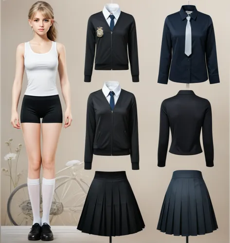 Paper doll British school girl in black sleeveless shirt ,black tight fit spandex shorts with black sock and shoe standing surrounded by with a set of british school uniform, shirt, grey pleated skirt