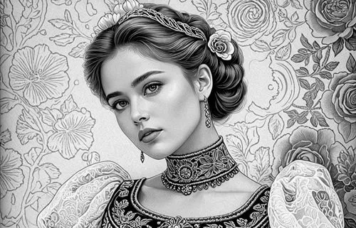 A highly detailed portrait of a young woman with an almost lifelike appearance, her head tilted slightly, with soft, contemplative eyes gazing indirectly at the viewer. She is adorned in an ornate, go