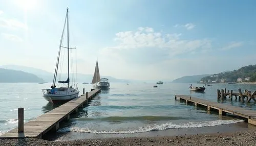 Calm oceanic surroundings, soft blue haze, gentle waves, weathered wooden docks, rustic nautical ropes, serene beachside ambiance, clear summer sky, subtle cloud formations, misty morning atmosphere, 