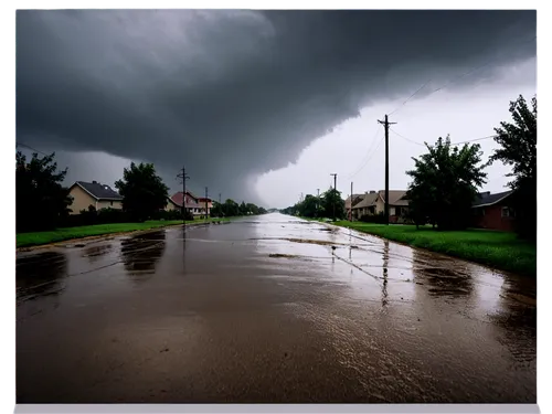 dramatic stormy sky, dark clouds gathering, heavy rain pouring down, strong wind blowing, lightning flashing, thunderbolt striking, destroyed buildings, fallen trees, flooded streets, muddy water, mis