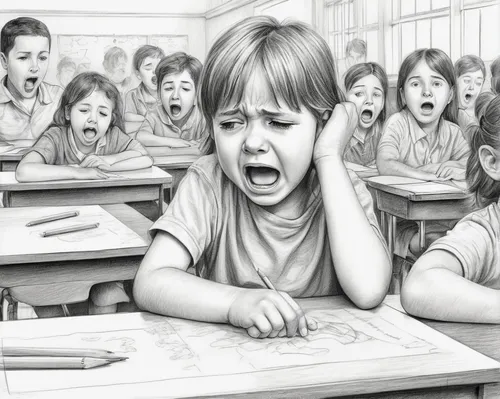 A child crying in a classroom full of other students.,child crying,pencil drawings,children drawing,pencil art,schools,school starts,school times,black pencils,pencil drawing,school work,school,kids i