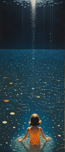 A shy girl in a polka dot swimsuit cautiously tests the water in a tranquil pool.,submerged,drowning,water nymph,under the water,submerge,underwater background,exploration of the sea,undersea,adrift,i