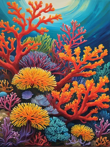 Create a colorful painting of a vibrant coral bush thriving in a tropical reef.,coral reefs,coral reef,corals,soft corals,feather coral,soft coral,stony coral,deep coral,hard corals,underwater landsca