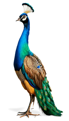 Male peafowl, vibrant plumage, iridescent feathers, green throat patch, golden nape, ornate eyes, slender neck, majestic posture, standing, morning dew, soft sunlight, shallow depth of field, warm col