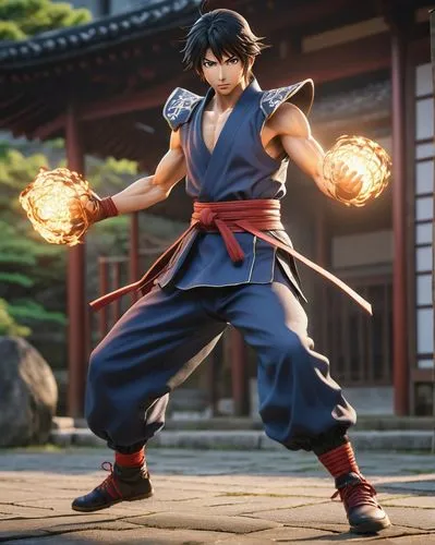 fighting anime character,japanese style,the action figure has two glowing torches,ryu,kazuya,takasugi,daigo,kazama,xiaoyu,Photography,General,Realistic