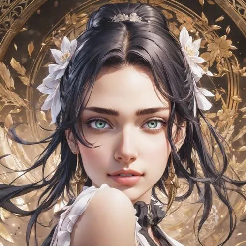 a painting of a beautiful lady with blue eyes and flowers in her hair,fantasy portrait,amuria,behenna,portrait background,rongfeng,seregil