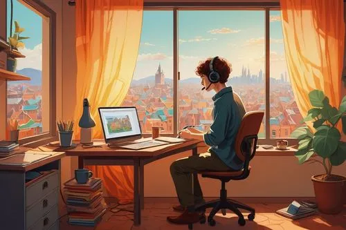 workspace,girl at the computer,girl studying,windowsill,study room,desk,window sill,window view,working space,sky apartment,home office,bedroom window,study,work at home,world digital painting,desk top,summer evening,window to the world,morning light,room,Illustration,Retro,Retro 17