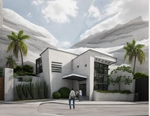 Diseño exterior de una casa moderna estilo minimalista, con muros blancos y unos elementos de concreto aparente, vegetación del lugar, personas, fotografía hiperrealista,8k,white buildings,3d renderin