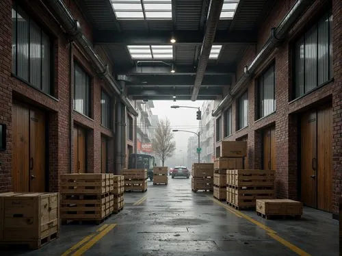 Rustic industrial distribution centers, exposed brick walls, metallic accents, reclaimed wood crates, corrugated metal roofing, concrete flooring, industrial pipes, urban cityscape, bustling streets, 