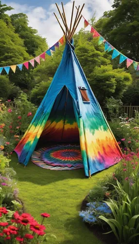 Picture a whimsical garden with tie-dye banners and a chill-out teepee.,camping tipi,tipi,indian tent,gypsy tent,tepee,teepee,hippie fabric,teepees,carnival tent,circus tent,bannack camping tipi,tent 