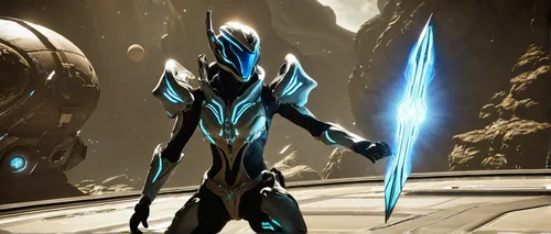 warframe, argon crystal, resource farming, rare drop, Void missions, Tenno operative, mining, glowing crystal, space ninja, action pose, energy sword, futuristic armor, shimmering effect, particle glo