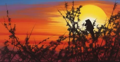 sunset in africa,photo painting,art painting,red sun,glass painting,silhouette art,oil painting,oil painting on canvas,colored pencil background,setting sun,flower in sunset,rising sun,unset,oil paste