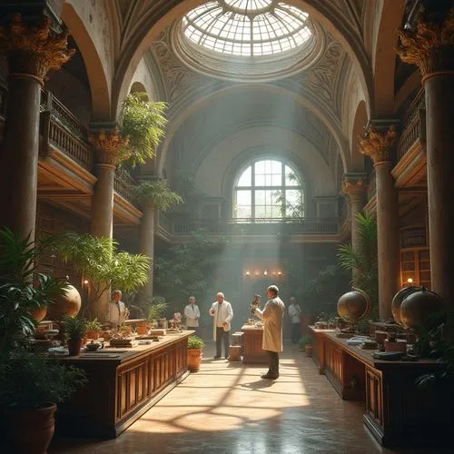 Renaissance-inspired science center, grandiose architecture, ornate columns, arches, domed ceiling, marble floors, intricate stone carvings, elegant chandeliers, lush greenery, potted plants, natural 