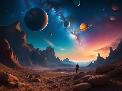 Imagine standing on a rugged, rocky landscape under a fantastical sky. Above, a breathtaking view unfolds with planets of various sizes and colors scattered across the sky. Stars twinkle brightly, cre