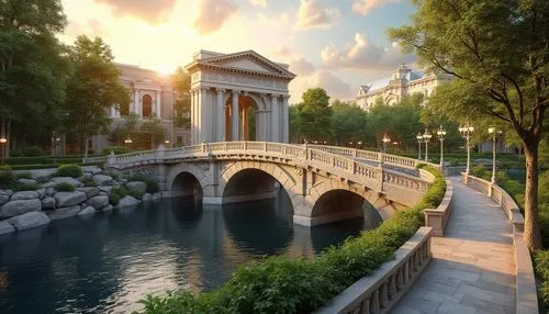 Elegant neoclassical bridge, ornate stone arches, rusticated pillars, grand pedestrian walkways, lush greenery, solar-powered lighting systems, rainwater harvesting infrastructure, energy-efficient st