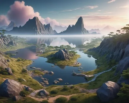 fantasy landscape,skylands,futuristic landscape,virtual landscape,karst landscape,mountainous landscape,terraformed,mountain world,an island far away landscape,hinterlands,alfheim,landscape background,3d fantasy,beleriand,mountain plateau,mountain landscape,mountain valleys,wonderlands,cartoon video game background,elves country,Conceptual Art,Daily,Daily 10