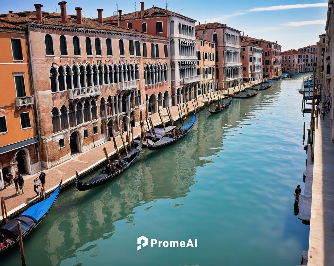 Modern architecture, Biennale exhibition, large crowds, Venice, Italy, grand canal, water reflection, sunny day, blue sky, white clouds, contemporary building design, innovative materials, steel frame