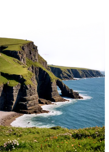 Rocky coastline, Cornwall scenery, dramatic cliffside, strong waves crashing, salty ocean spray, rugged terrain, green grass, wildflowers, sunny day, soft warm lighting, 3/4 composition, shallow depth