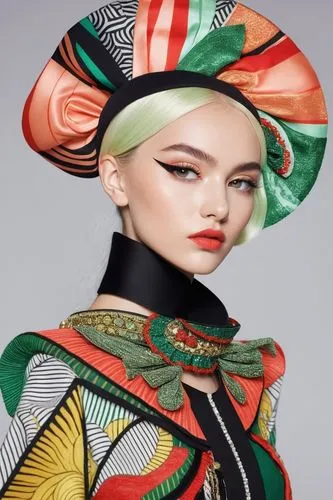  minty cored hair, peach color lips, fancy patterns, wearing an elaborate headdress and a colorful, patterned outfit. The headdress features black and white stripes, with green and yellow accents. The