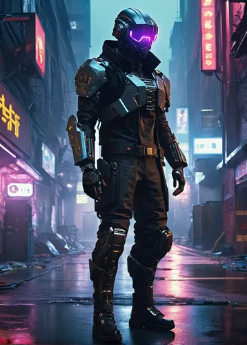 cyberpunk character, Adam Smasher, secret stash, hidden compartment, futuristic cityscape, neon lights, gritty alleyway, cybernetic enhancements, heavy armor, robotic limbs, night scene, dim lighting,