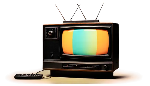 Retro TV, old-fashioned broadcasting, nostalgic atmosphere, static noise, distorted screen, VHS tape, 80s-90s style, neon lights, glowing buttons, analog knobs, worn-out remote control, nostalgic musi