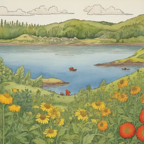 summer meadow,salt meadow landscape,clover meadow,field of poppies,spring lake,flower and bird illustration,tidal marsh,medicine lake,lake rose,poppy field,lakeside,small meadow,meadow landscape,lake,poppy fields,freshwater marsh,flower field,meadow in pastel,flower painting,mountain meadow,Illustration,Realistic Fantasy,Realistic Fantasy 31