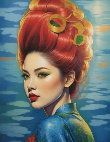 An amazing nude japanese young woman  with red lips and green eyes,an oil painting of a woman with leaves in her hair,little mermaid,the sea maid,flamenca,ariel,fantasy portrait,sirena,Illustration,Re