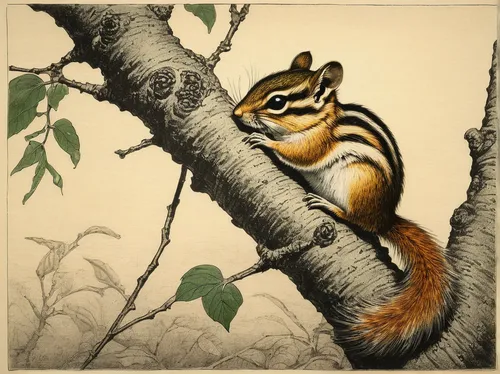 Fumiko Takeda - 武田 史子 - Temptation - 誘い  - intaglio etching aquatint - chipmunk tree,tree chipmunk,tree squirrel,indian palm squirrel,eastern chipmunk,abert's squirrel,ring-tailed,chestnut tiger,chipm