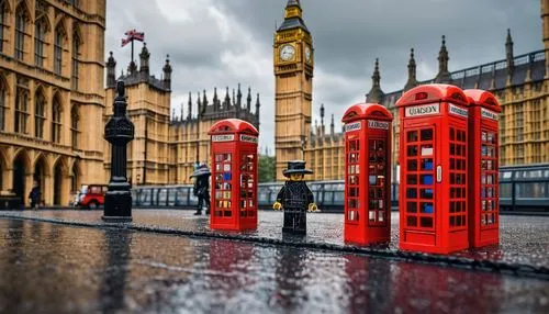 Lego, London architecture, iconic landmarks, colorful bricks, detailed texture, intricate structure, Big Ben, Houses of Parliament, red phone booths, double-decker buses, Union Jack flags, rainy day, 