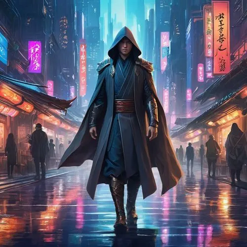 coruscant,jedi,cyberpunk,revan,coruscating,kenobi,grandmaster,dalixia,ronin,starkiller,monk,jongno,sidious,kinkade,yahiko,kabukiman,sci fiction illustration,jubei,mandos,the wanderer,Illustration,Realistic Fantasy,Realistic Fantasy 01