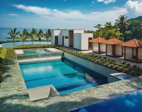 family swimming, lush green and trees in the background and with swimming pool lightings,an outdoor swimming area with a pool and trees,holiday villa,amanresorts,samui,uluwatu,bali,palmilla,Photograph