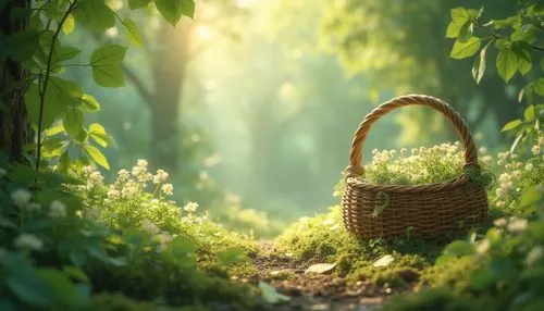 Pastel greenery, calming ambiance, lush foliage, serene forest, dappled sunlight, misty atmosphere, delicate petals, soft moss, wooden accents, woven basket, natural textiles, earthy tones, gentle str