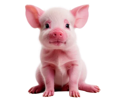 Adorable piglet, sitting, pink skin, curly tail, small ears, cute eyes, soft fur, white belly, tiny hooves, sitting posture, front legs bent, hind legs stretched back, fluffy texture, warm lighting, s