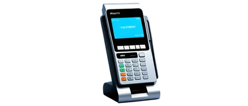 Digital payment terminal, modern futuristic design, sleek metal body, glowing blue screen, card slot, keypad, receipt printer, Wi-Fi antenna, standing upright, minimalist background, shallow depth of 