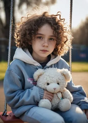 Lonely nine-year-old girl, solo, skinny, pale skin, big brown eyes, messy curly brown hair, freckles on nose, worn-out sneakers, faded blue jeans, oversized white hoodie, holding a small teddy bear, s