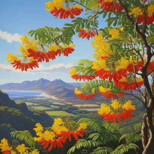 Create a fantasy story where caesalpinia flowers hold magical powers.,caesalpinia,rowan-tree,rowan berries,rowan tree,robert duncanson,blooming mountain ash,yellow mountains,jacaranda trees,strawberry