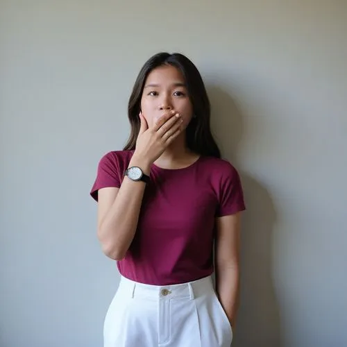 a woman covering her mouth against a white wall,pink background,veysian,quynh,singaporean,blurred background,feeler