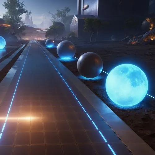 planets and orbs,an empty walkway has glowing balls in it,blue spheres,ball track,spheres,light track,pendulums,trackballs,tunnelers,accelerator,cosmodrome,battlezone,teleporters,meteor,bocce,conveyor