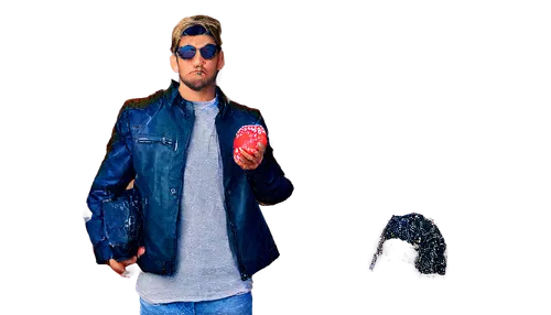 Sexy Easter man, muscular torso, abs, ripped jeans, black leather jacket, sunglasses, messy blond hair, facial stubble, smoldering eyes, holding Easter eggs, standing with legs apart, dramatic lightin