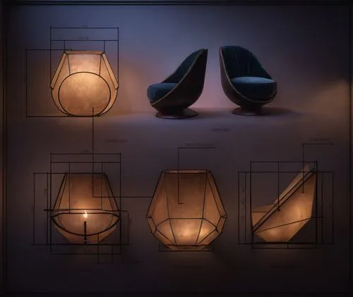 various shapes of lights and furniture made from paper,table lamps,lampshades,foscarini,luminarias,luminaires,ambient lights,Photography,General,Commercial