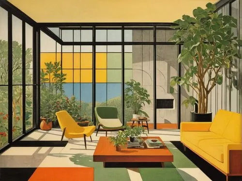 crittall,mid century modern,mid century,mid century house,midcentury,neutra,sunroom,bluemner,vitra,corbu,sitting room,eichler,aalto,mahdavi,rietveld,an apartment,hockney,livingroom,corbusier,living room,Illustration,Retro,Retro 23