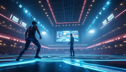 Futuristic sports stadium, high-tech scoreboard, giant LED screens, neon lights, sleek lines, metallic materials, advanced robots, AI-powered drones, augmented reality displays, holographic projection